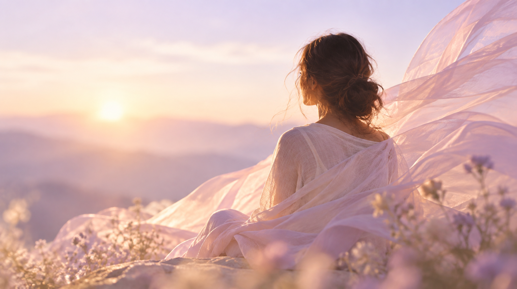 Woman in soft sunset light, wrapped in flowing fabric